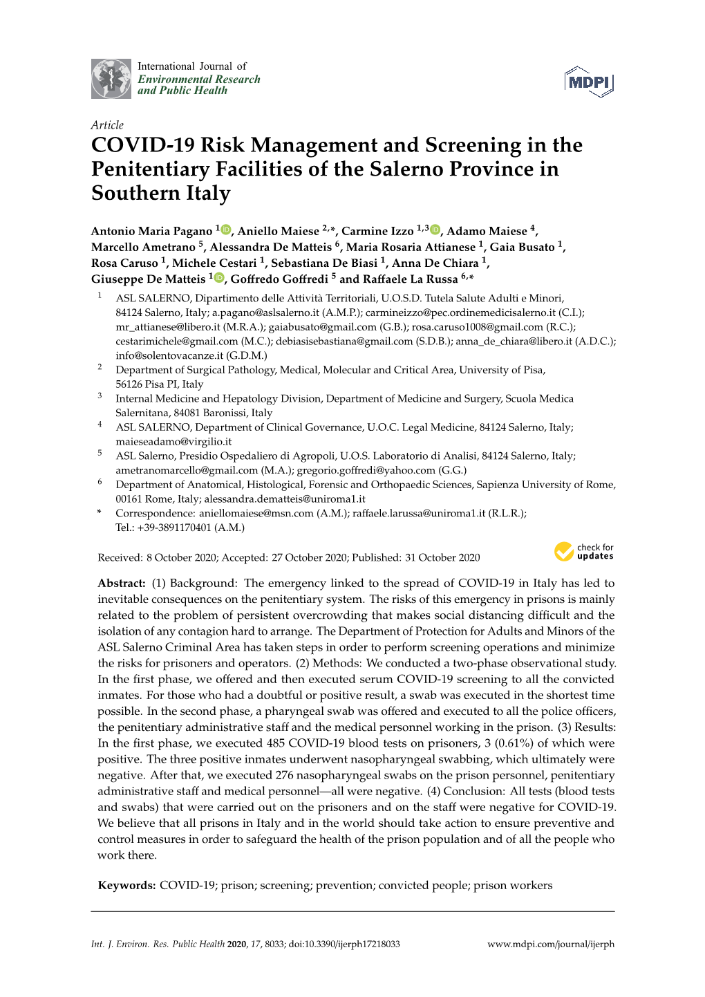 COVID-19 Risk Management and Screening in the Penitentiary Facilities of the Salerno Province in Southern Italy