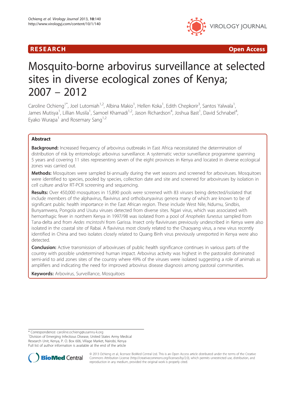 Mosquito-Borne Arbovirus Surveillance at Selected Sites in Diverse