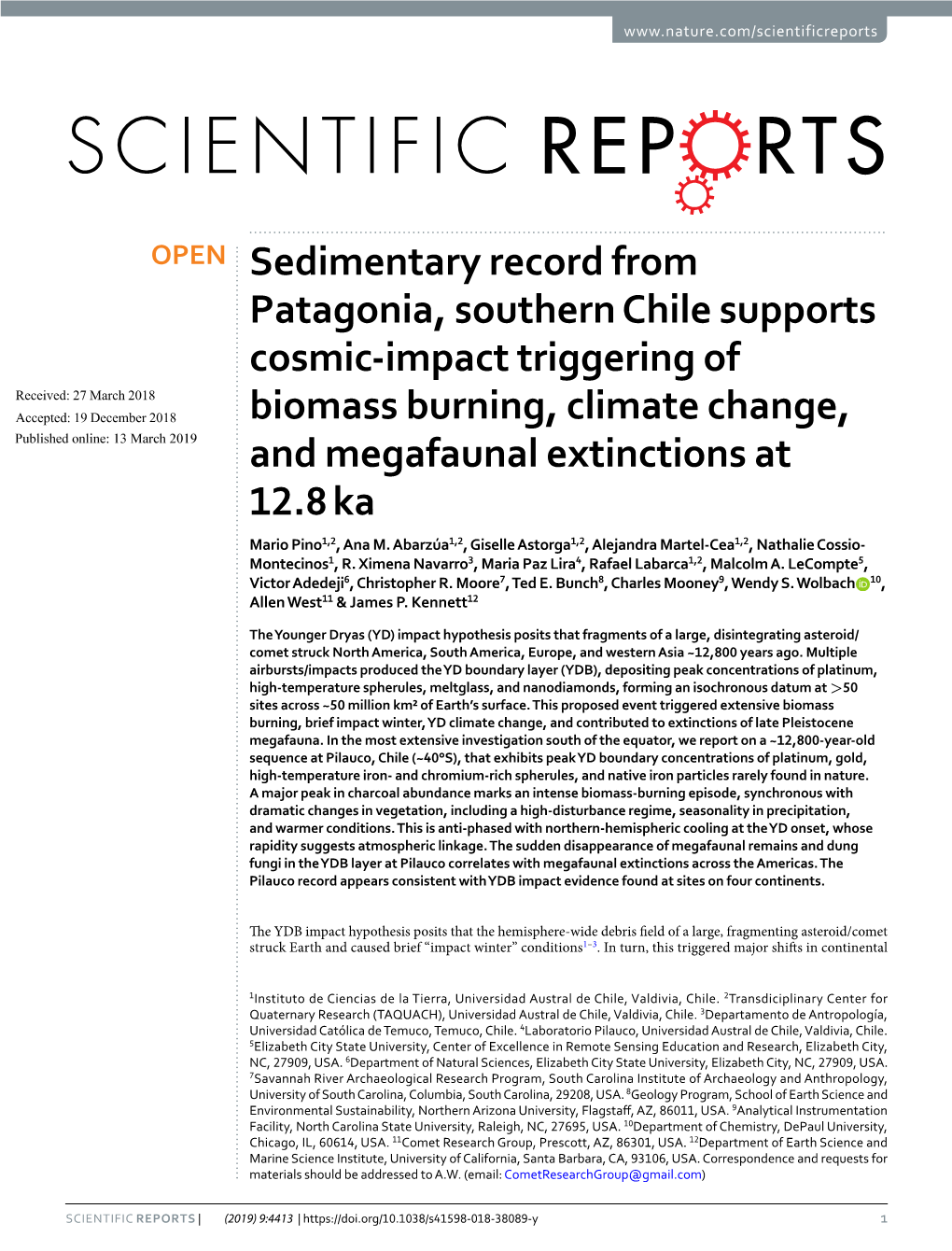 Sedimentary Record from Patagonia, Southern Chile Supports Cosmic