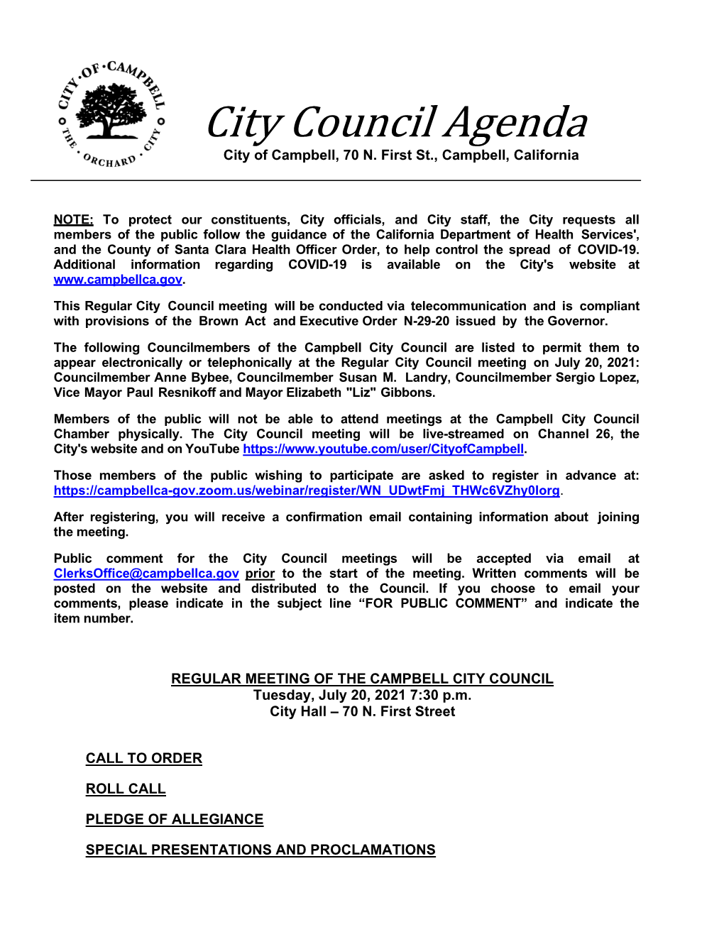 City Council Meeting Agenda 7/20/2021
