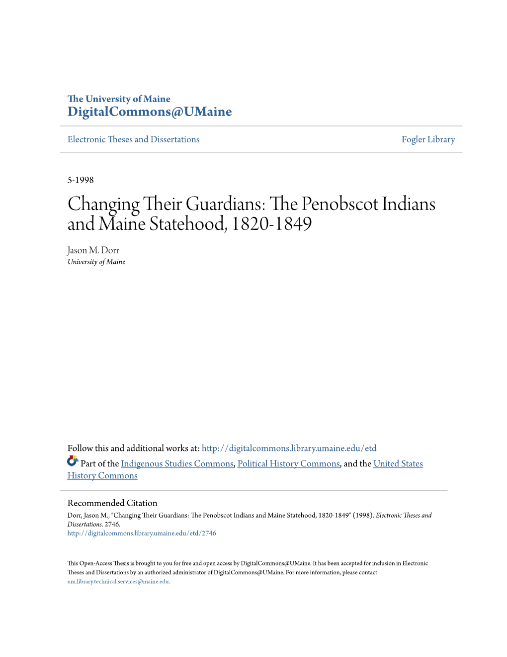 The Penobscot Indians and Maine Statehood, 1820-1849