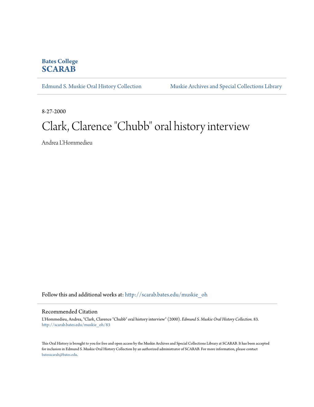 Clark, Clarence "Chubb" Oral History Interview Andrea L'hommedieu