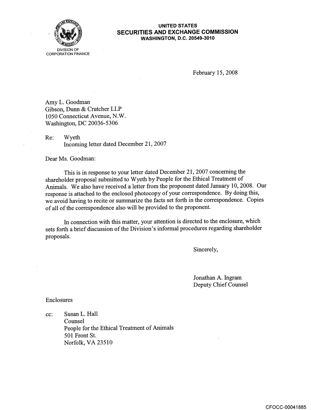 Wyeth; February 15, 2008; Rule 14A-8 No-Action Letter