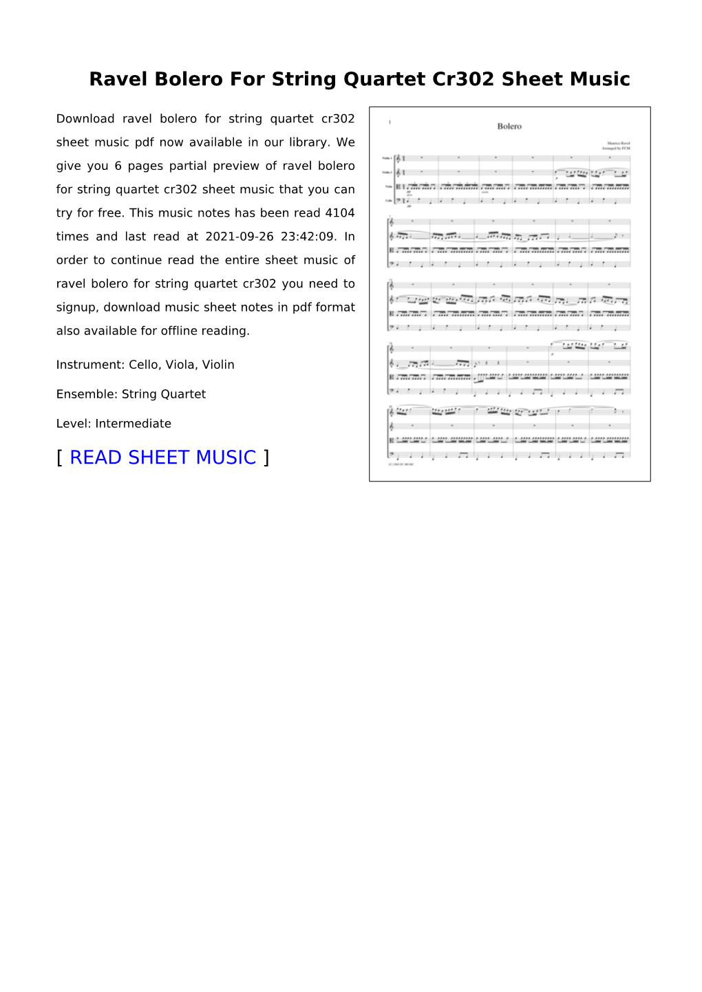 Ravel Bolero for String Quartet Cr302 Sheet Music