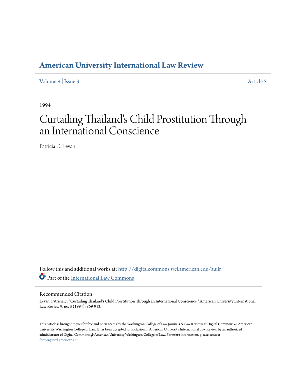 Curtailing Thailand's Child Prostitution Through an International Conscience Patricia D