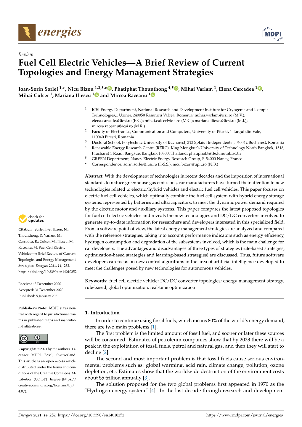 Fuel Cell Electric Vehicles—A Brief Review of Current Topologies and Energy Management Strategies