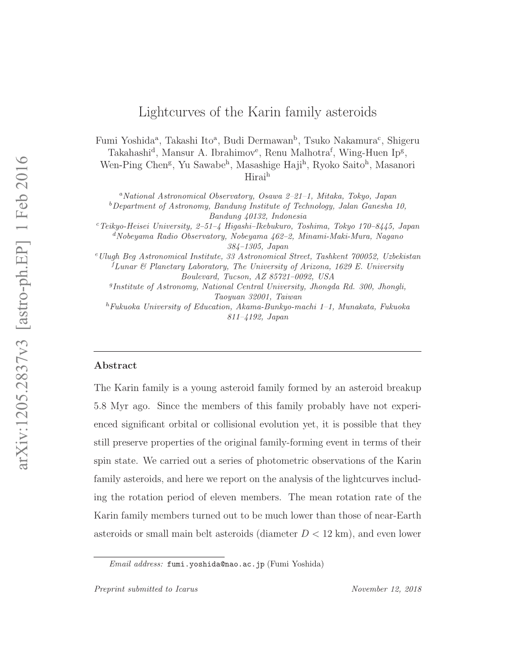 Lightcurves of the Karin Family Asteroids