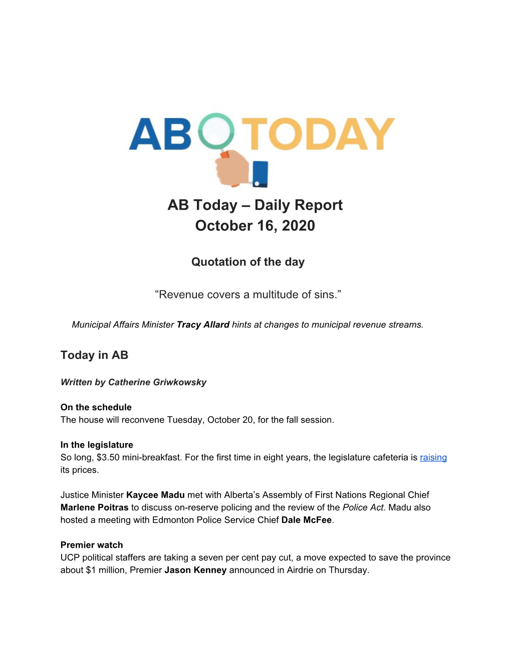 AB Today – Daily Report October 16, 2020