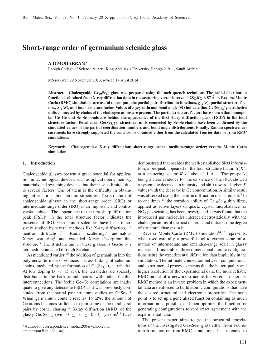 Short-Range Order of Germanium Selenide Glass