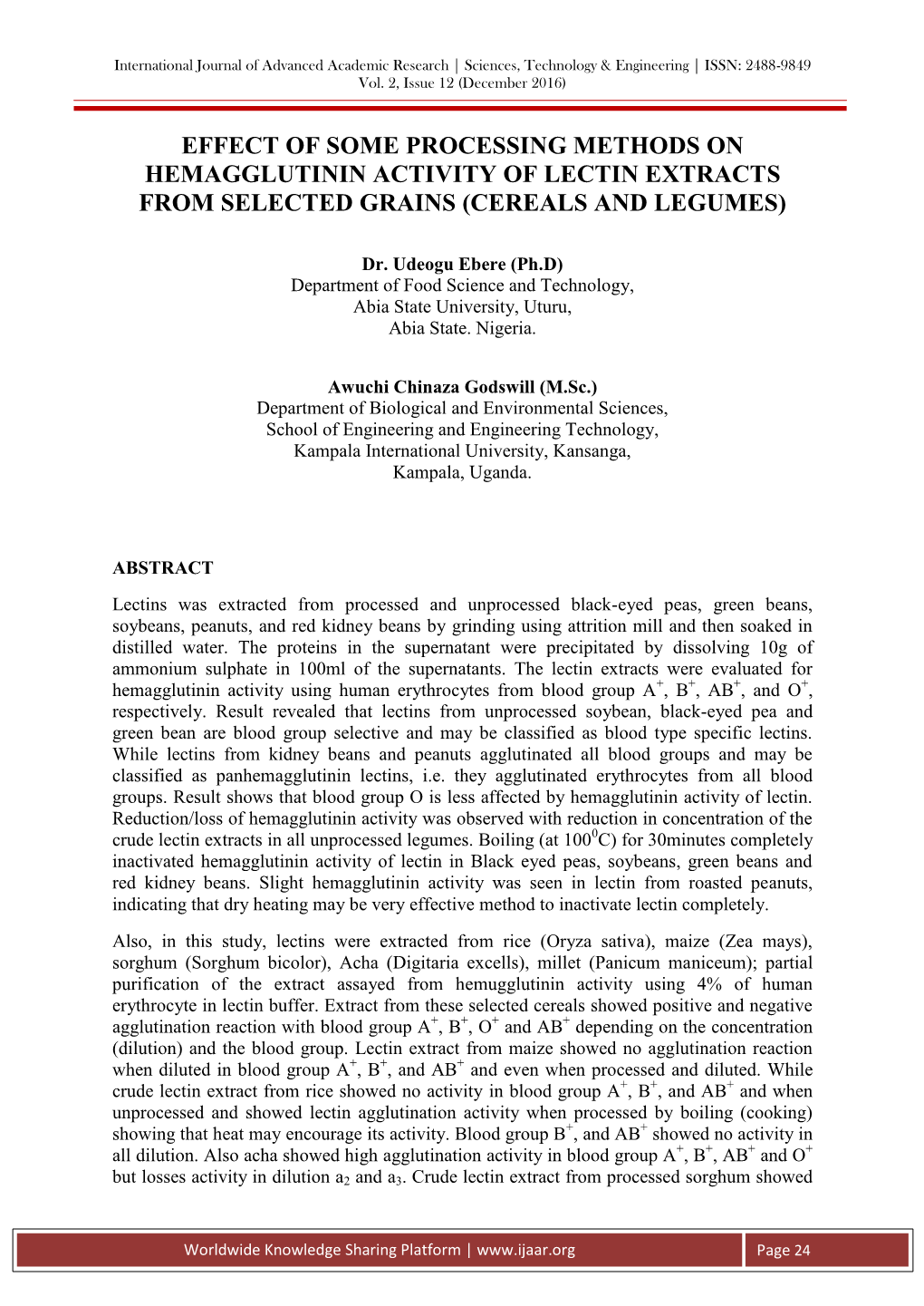 Effect of Some Processing Methods on Hemagglutinin Activity of Lectin Extracts from Selected Grains (Cereals and Legumes)