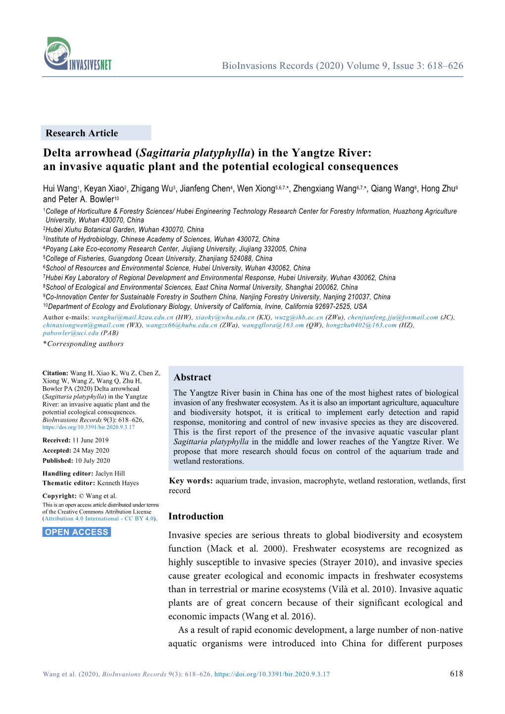 Delta Arrowhead (Sagittaria Platyphylla) in the Yangtze River: an Invasive Aquatic Plant and the Potential Ecological Consequences