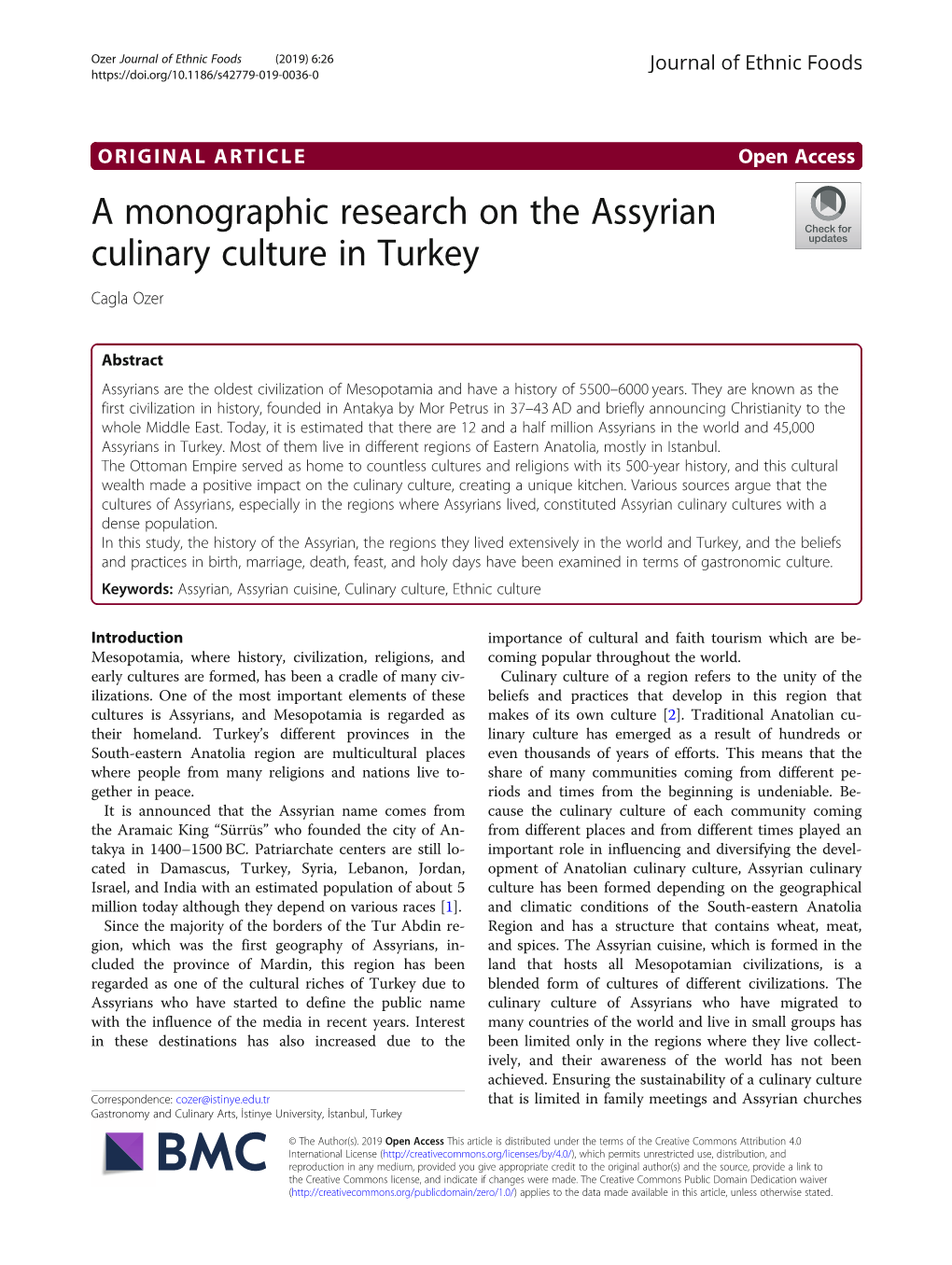 A Monographic Research on the Assyrian Culinary Culture in Turkey Cagla Ozer