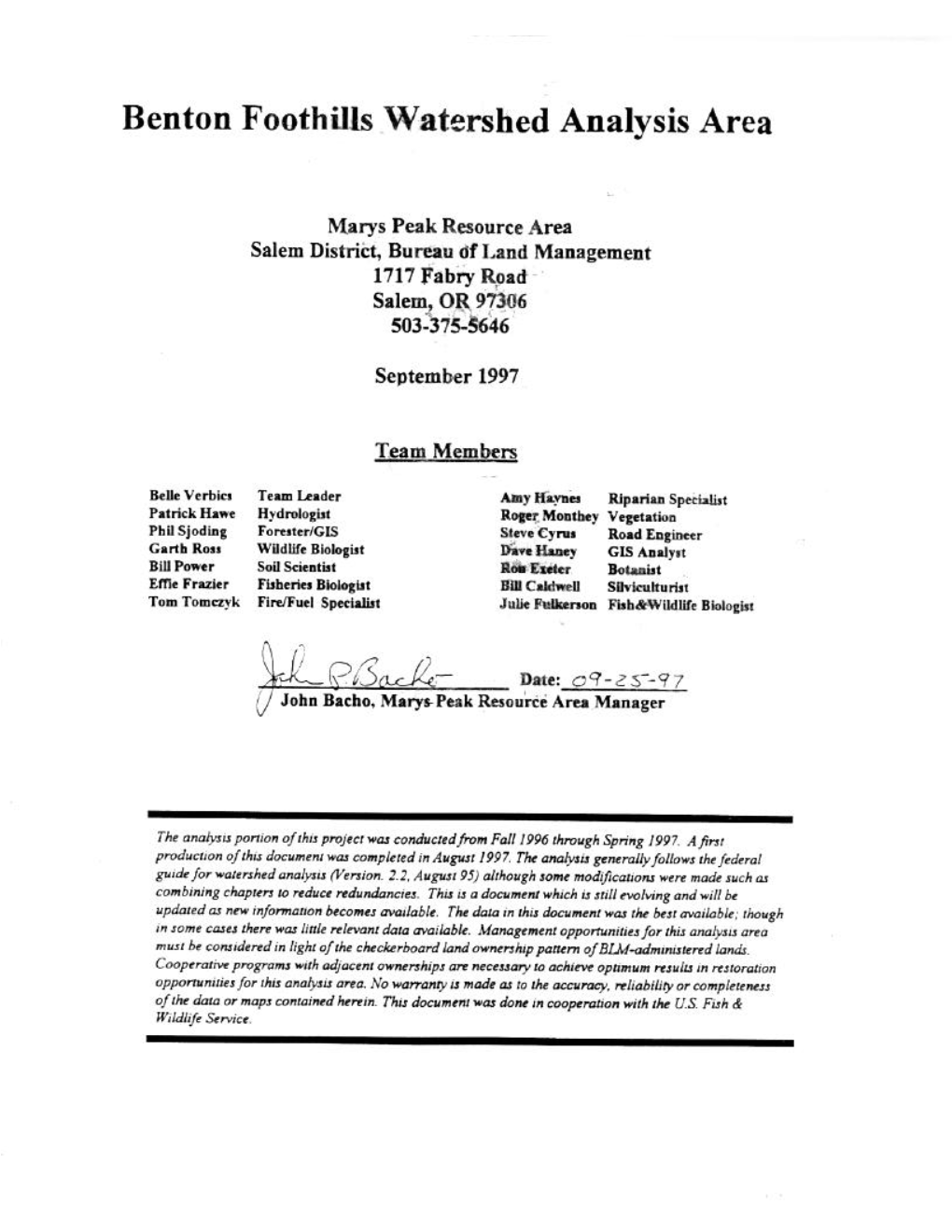 Benton Foothills Watershed Analysis Area