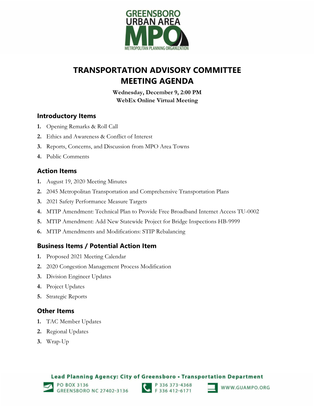 TRANSPORTATION ADVISORY COMMITTEE MEETING AGENDA Wednesday, December 9, 2:00 PM Webex Online Virtual Meeting