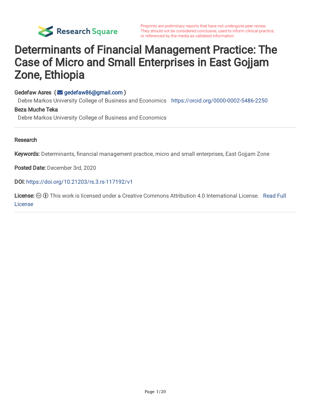 Determinants of Financial Management Practice: the Case of Micro and Small Enterprises in East Gojjam Zone, Ethiopia