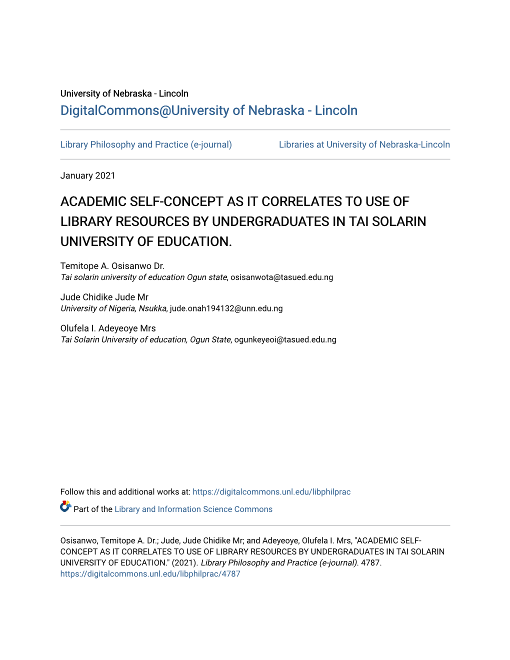 Academic Self-Concept As It Correlates to Use of Library Resources by Undergraduates in Tai Solarin University of Education