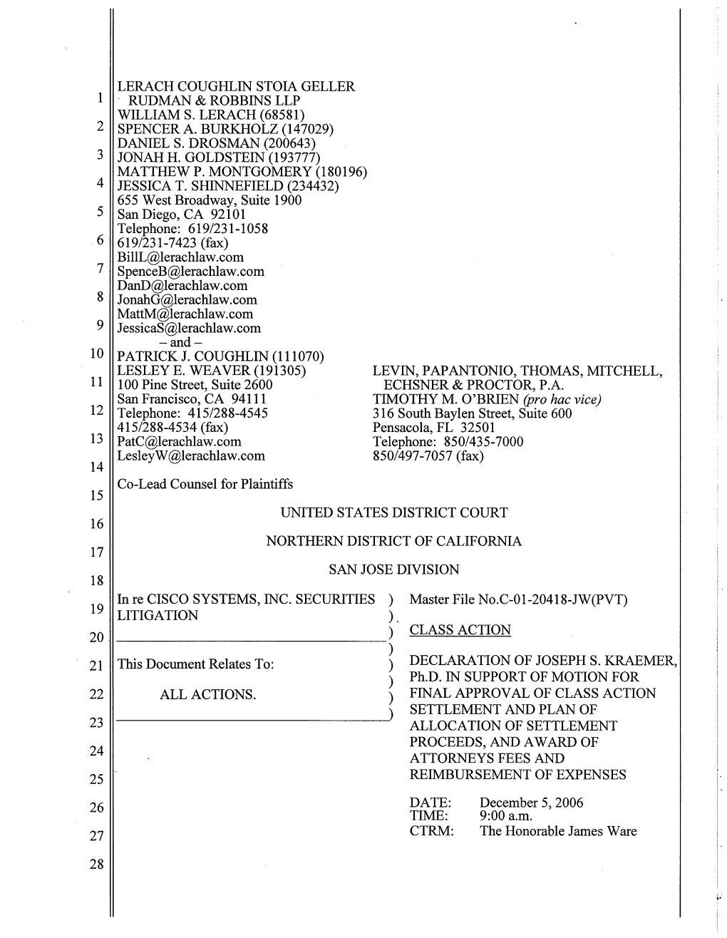 In Re: Cisco Systems, Inc. Securities Litigation 01-CV-20418-Declaration