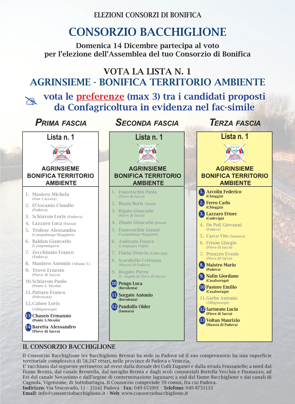 CONSORZIO BACCHIGLIONE Domenica 14 Dicembre Partecipa Al Voto Per L’Elezione Dell’Assemblea Del Tuo Consorzio Di Bonifica