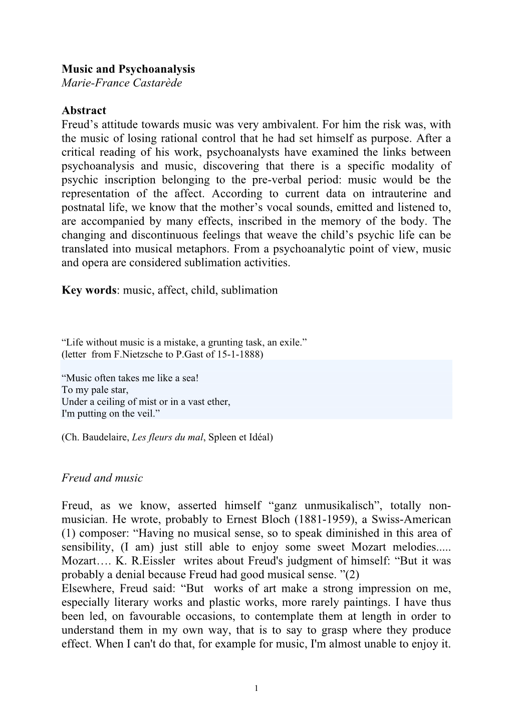 Music and Psychoanalysis Marie-France Castarède Abstract