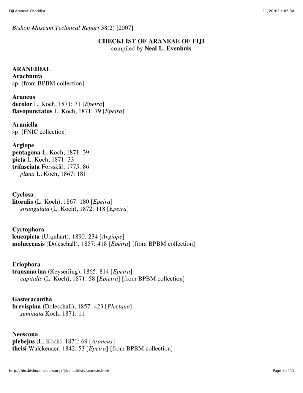 Fiji Araneae Checklist 11/20/07 4:07 PM