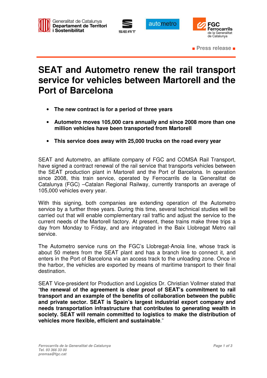 SEAT and Autometro Renew the Rail Transport Service for Vehicles Between Martorell and the Port of Barcelona