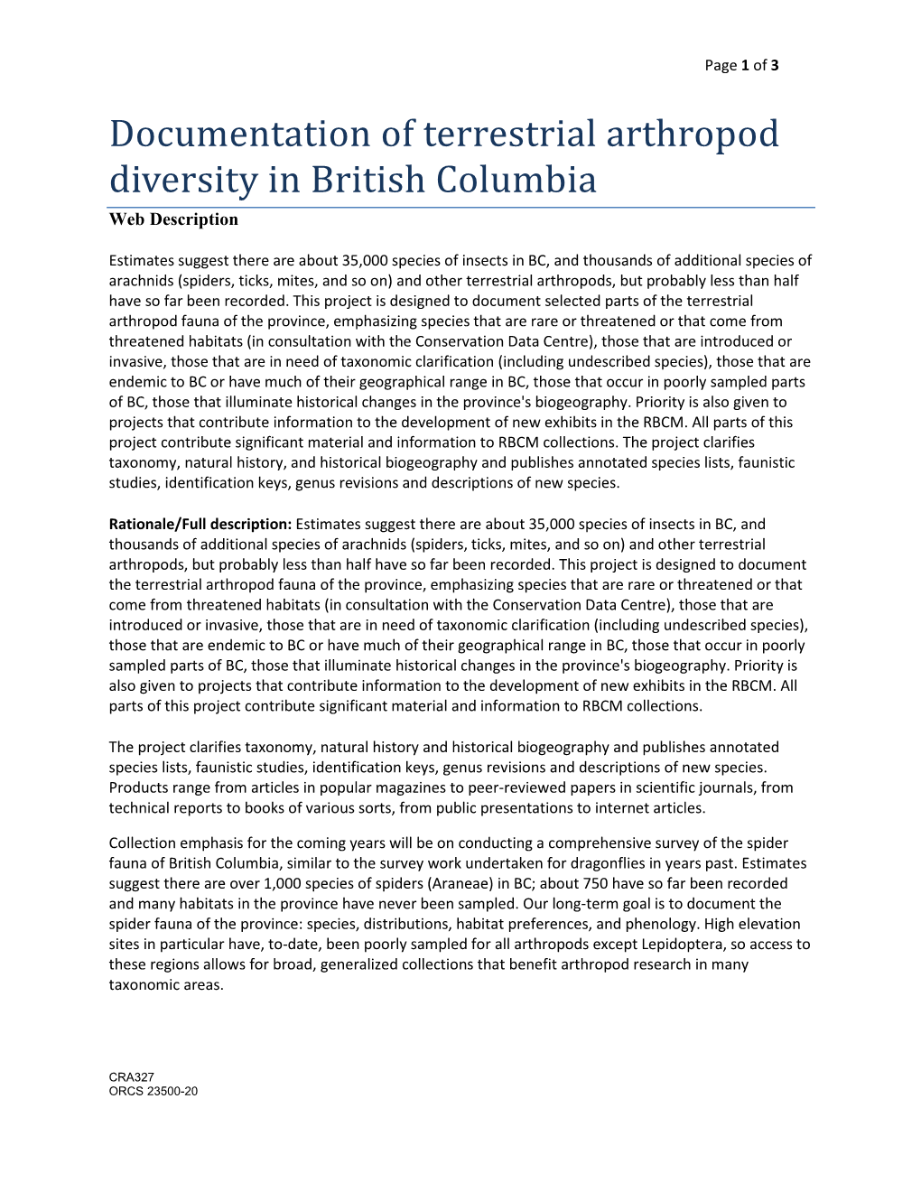 Documentation of Terrestrial Arthropod Diversity in British Columbia Web Description