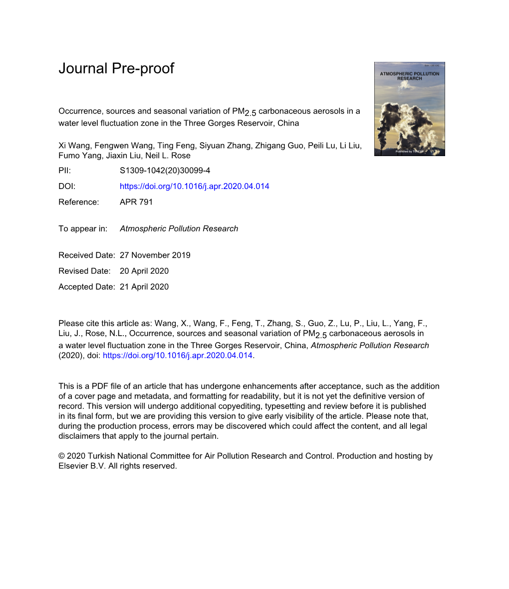 Occurrence, Sources and Seasonal Variation of PM2.5 Carbonaceous Aerosols in a Water Level Fluctuation Zone in the Three Gorges Reservoir, China