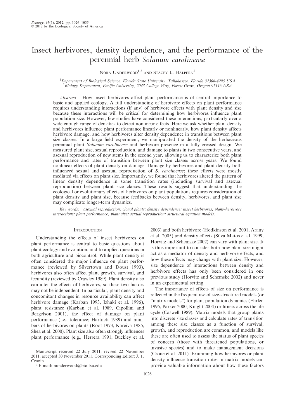 Insect Herbivores, Density Dependence, and the Performance of the Perennial Herb Solanum Carolinense