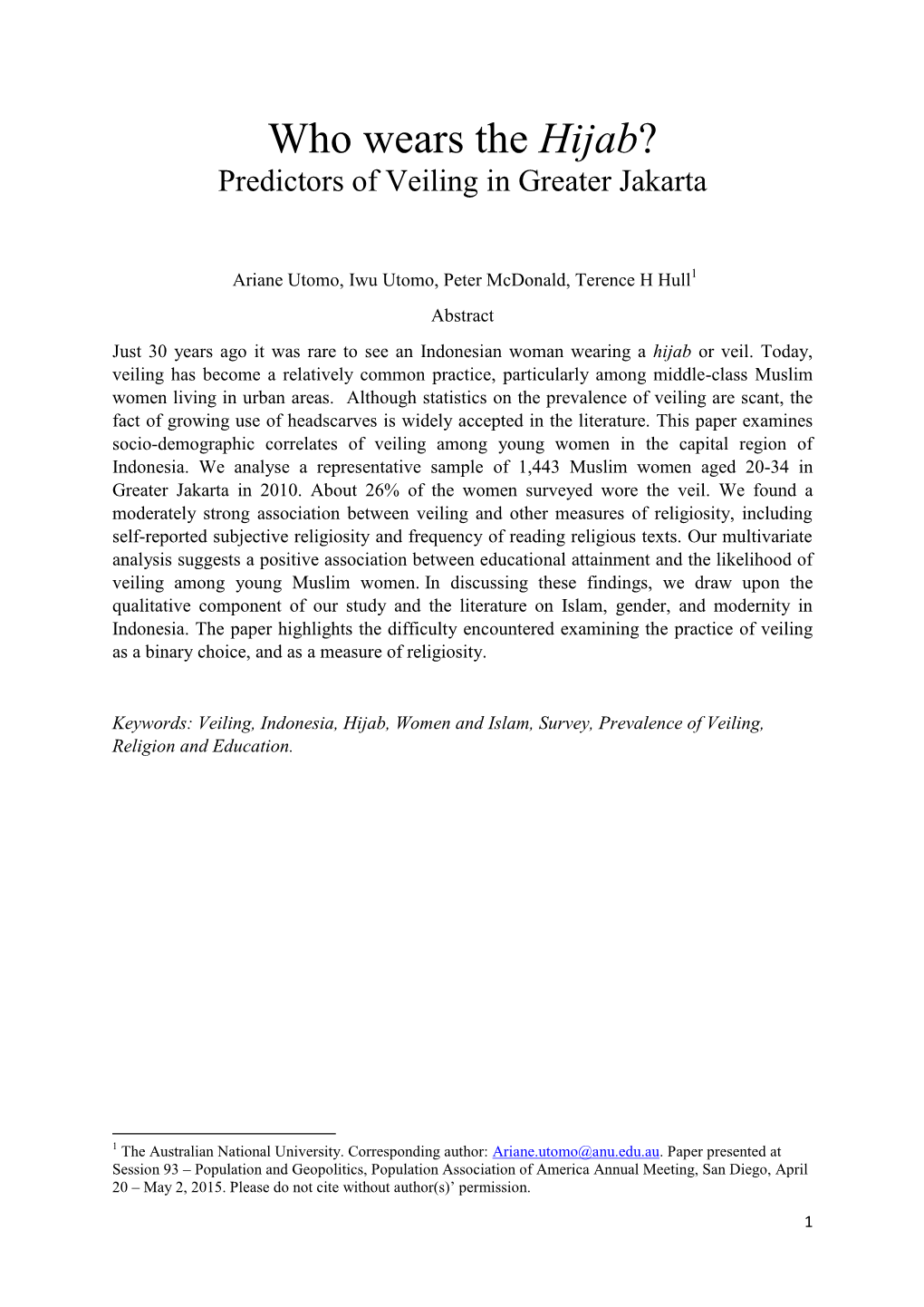 Paper Examines Socio-Demographic Correlates of Veiling Among Young Women in the Capital Region of Indonesia