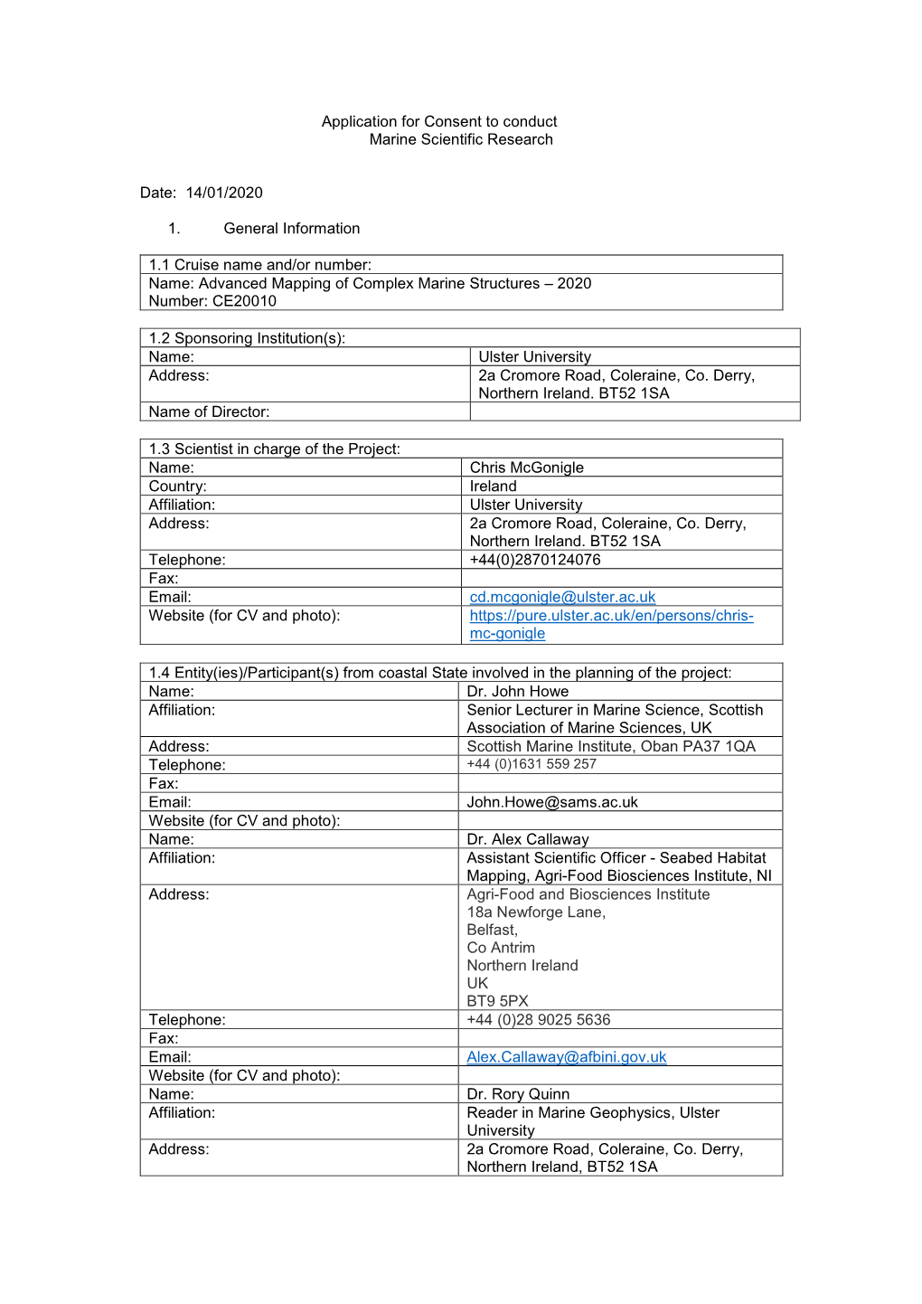 Application for Consent to Conduct Marine Scientific Research