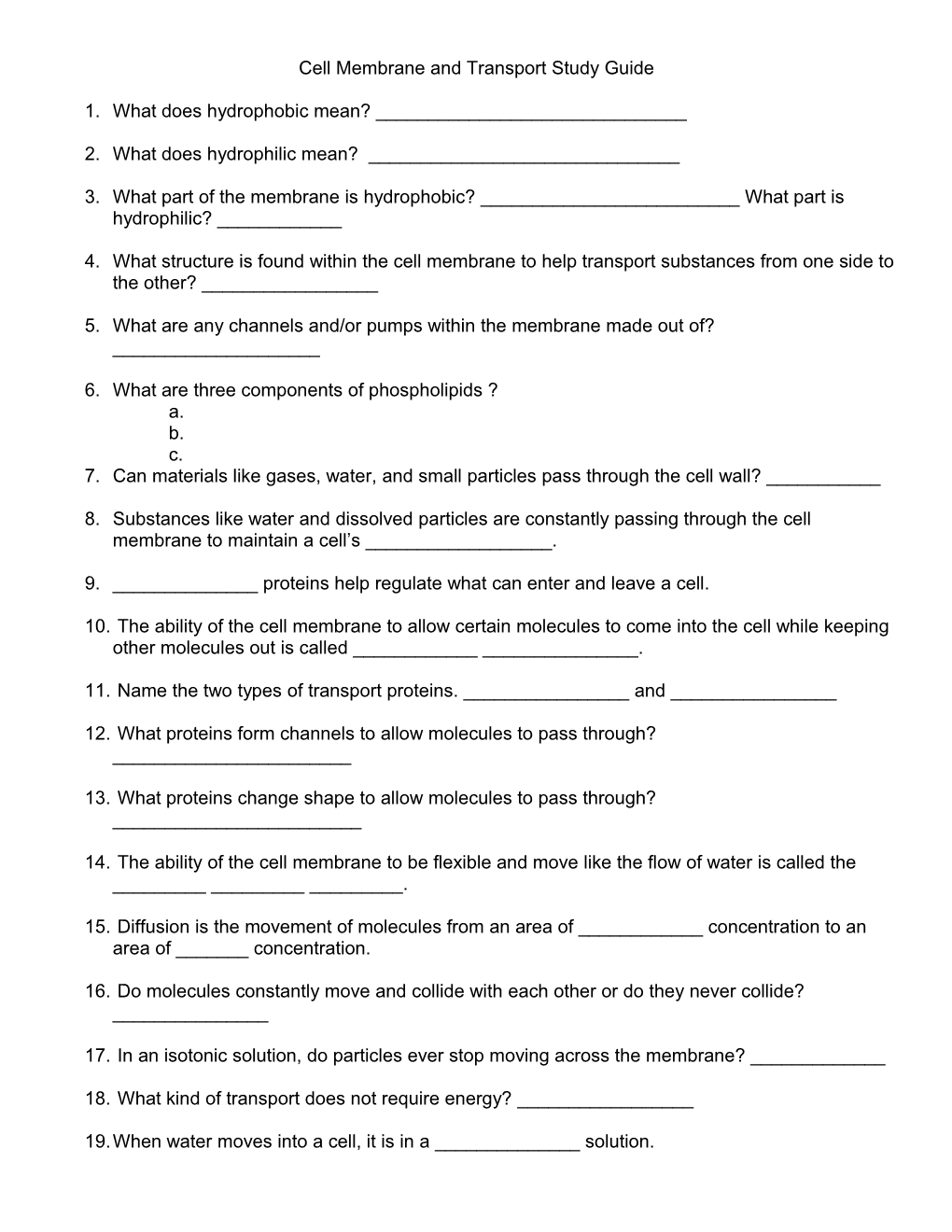 Cell Membrane and Transport Study Guide