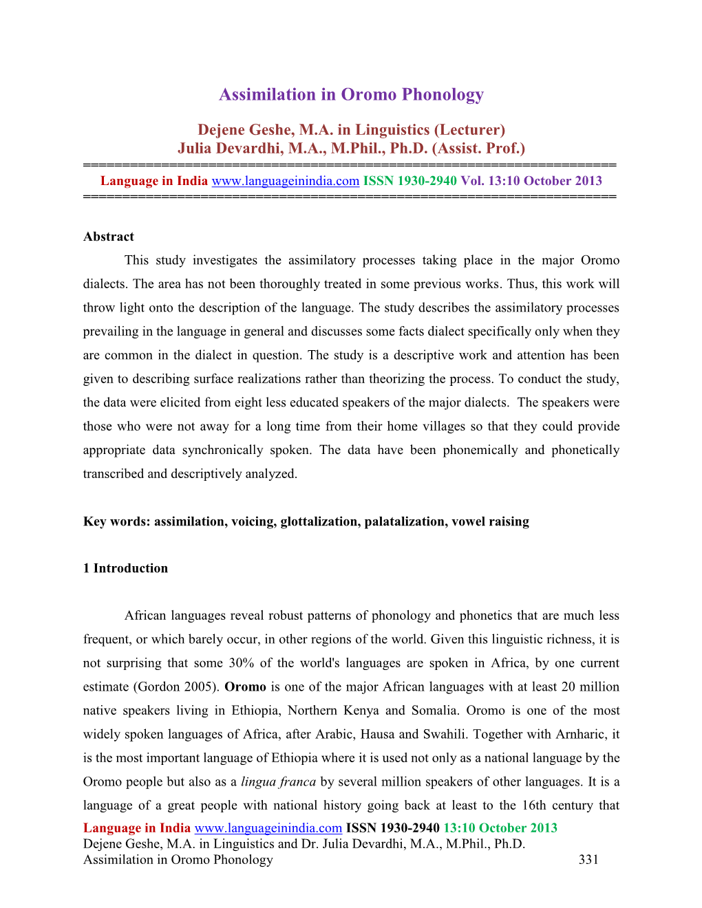 Assimilation in Oromo Phonology