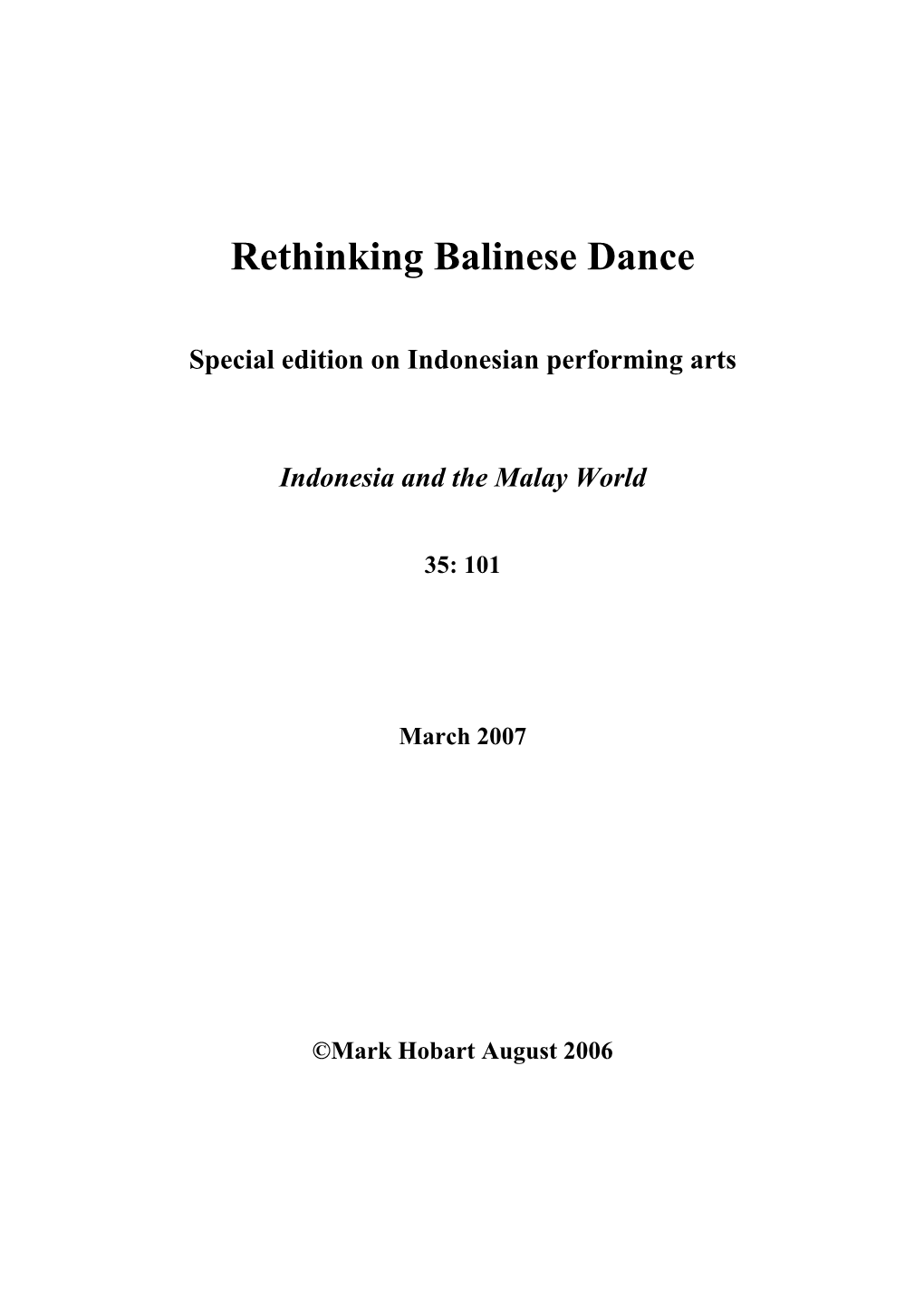 Rethinking Balinese Dance