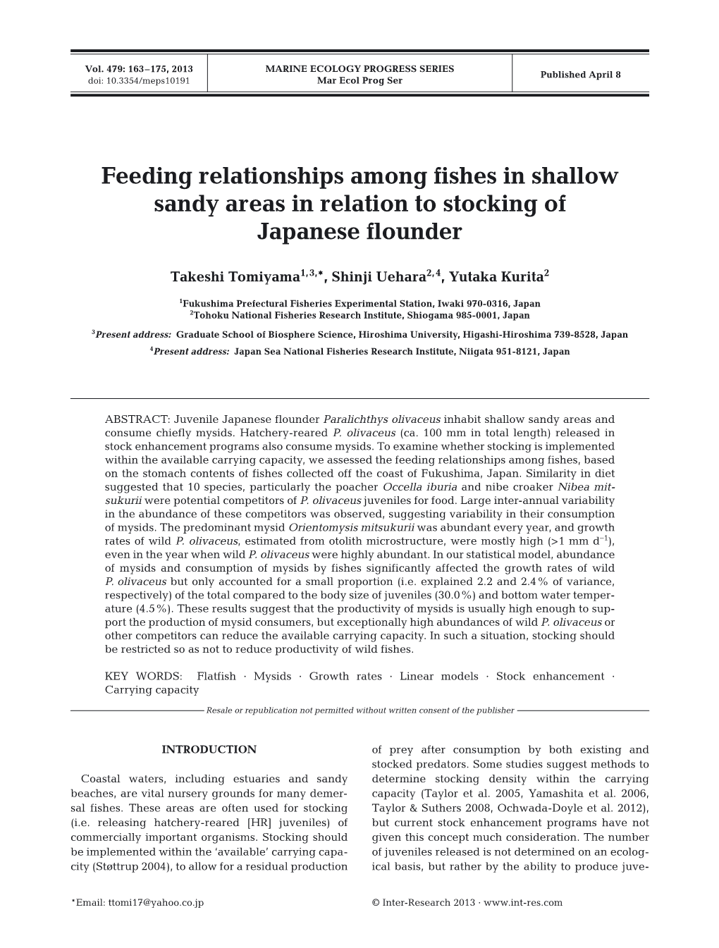 Feeding Relationships Among Fishes in Shallow Sandy Areas in Relation to Stocking of Japanese Flounder