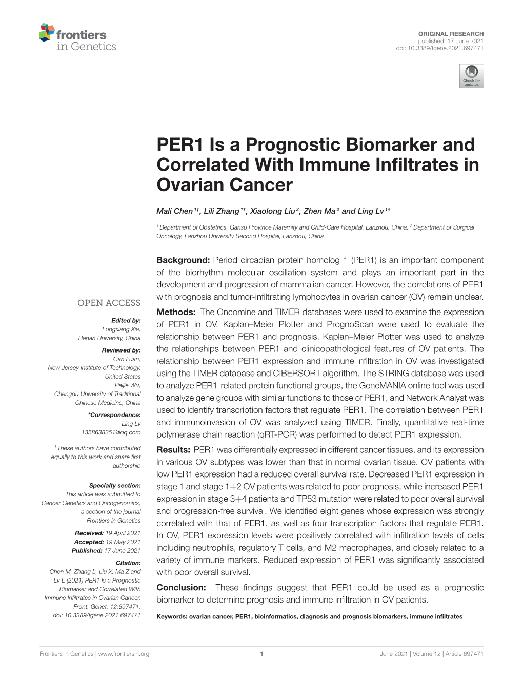 PER1 Is a Prognostic Biomarker and Correlated with Immune Infiltrates