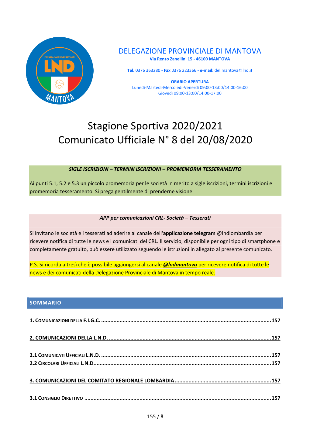 Stagione Sportiva 2020/2021 Comunicato Ufficiale N° 8 Del 20/08/2020