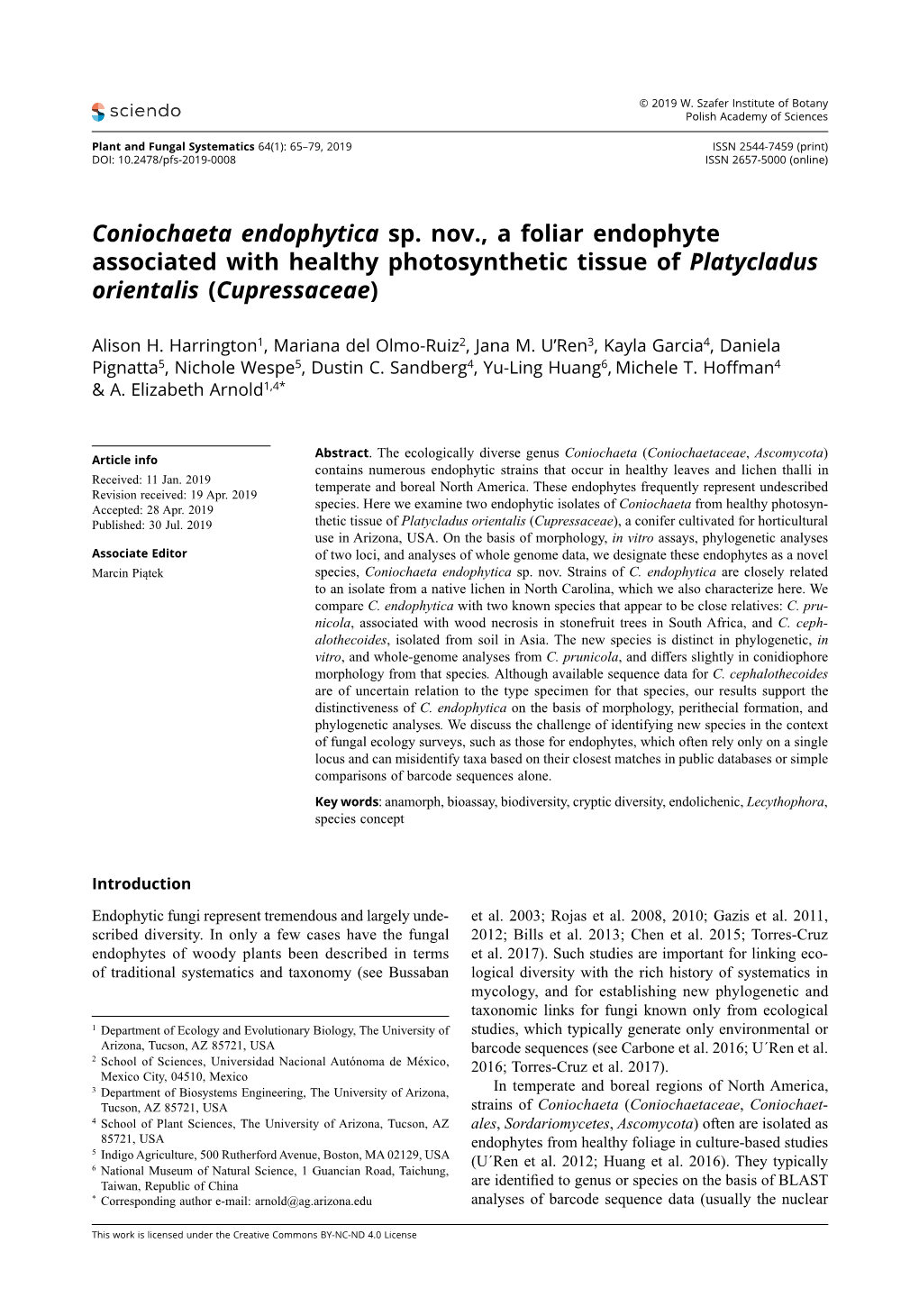 Coniochaeta Endophytica Sp. Nov., a Foliar Endophyte Associated with Healthy Photosynthetic Tissue of Platycladus Orientalis (Cupressaceae)