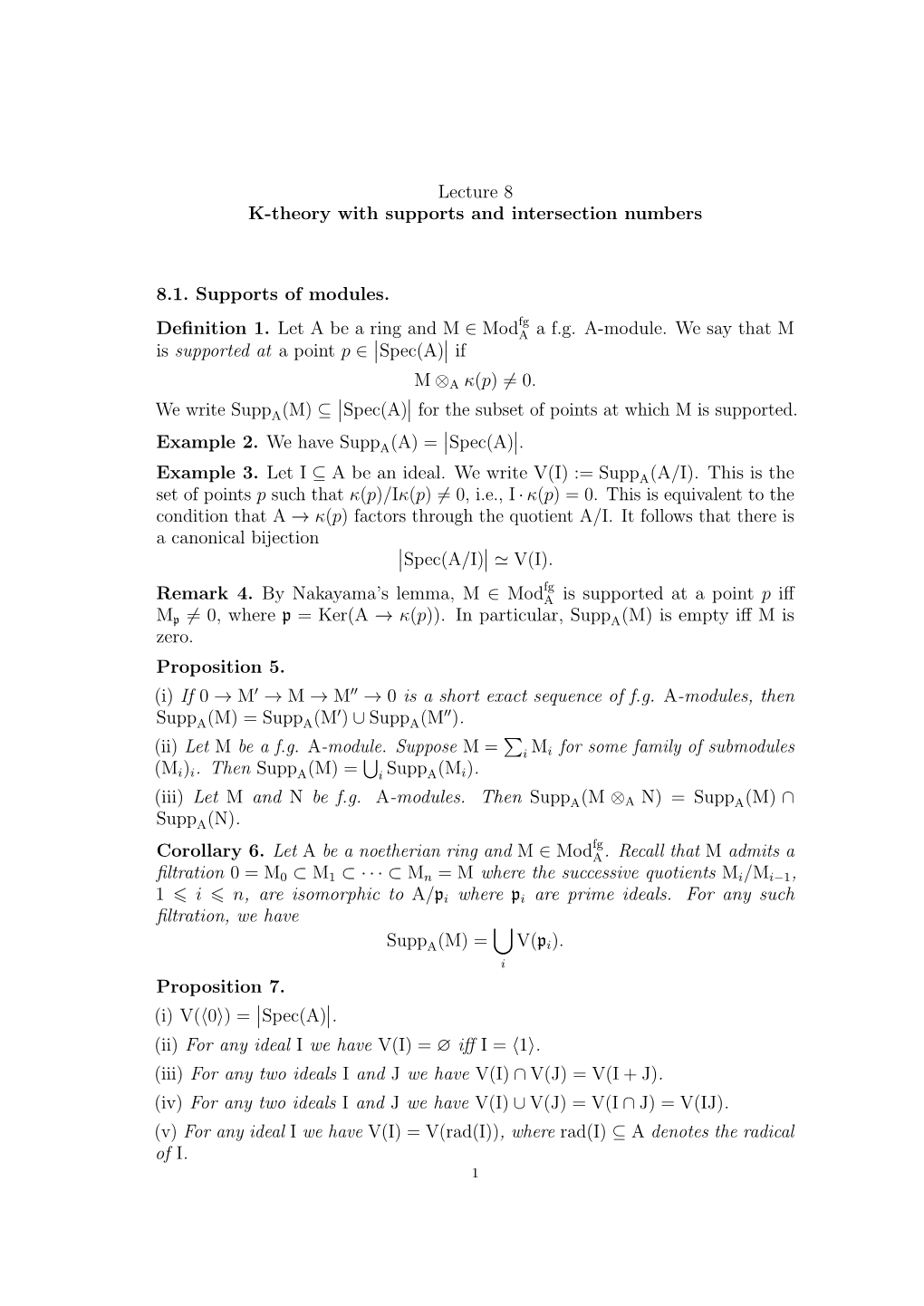 Lecture 8 K-Theory with Supports and Intersection Numbers 8.1. Supports