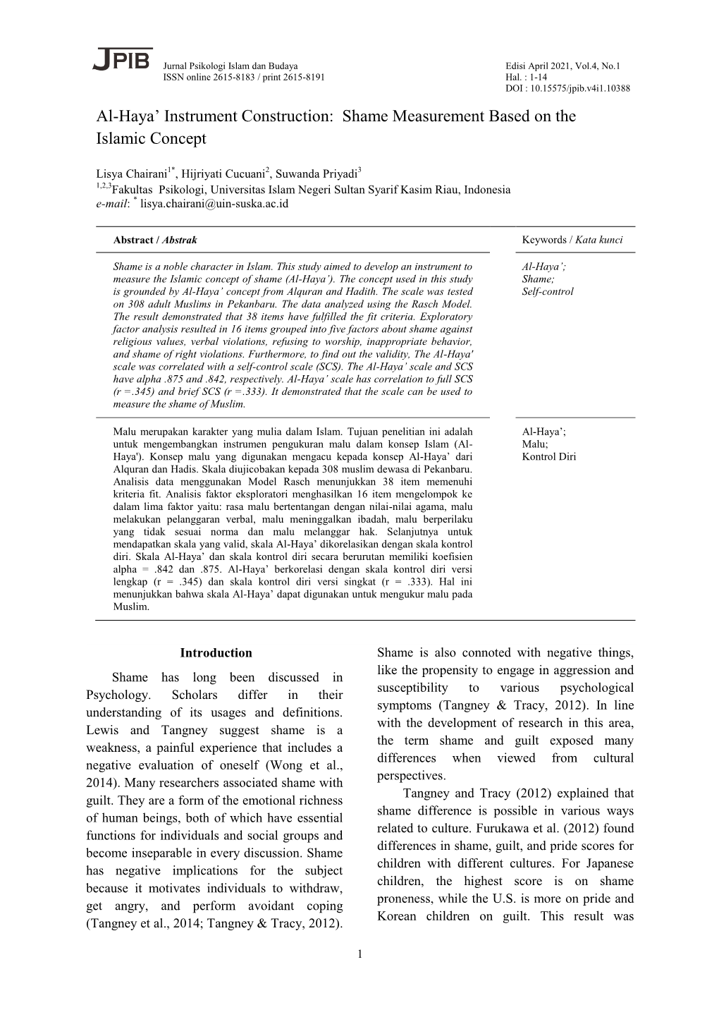 Shame Measurement Based on the Islamic Concept