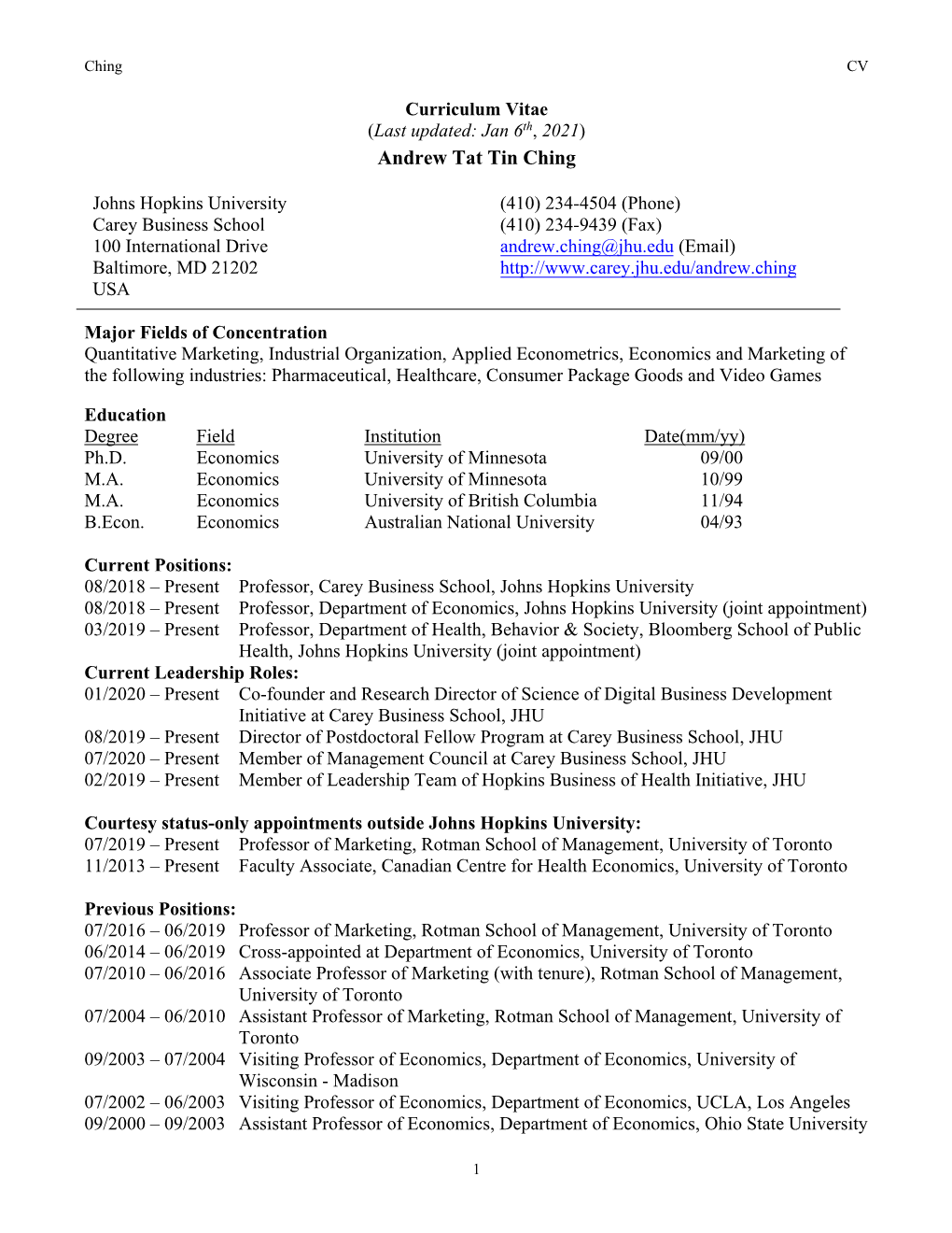 Curriculum Vitae (Last Updated: Jan 6Th , 2021) Andrew Tat Tin Ching