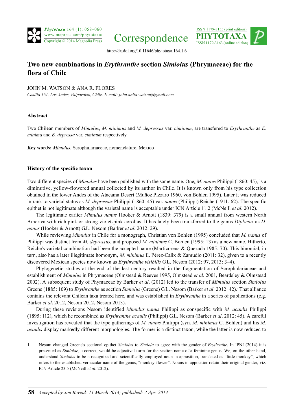 Two New Combinations in Erythranthe Section Simiolus (Phrymaceae) for the Flora of Chile