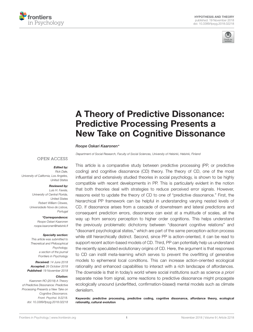 A Theory of Predictive Dissonance: Predictive Processing Presents a New Take on Cognitive Dissonance