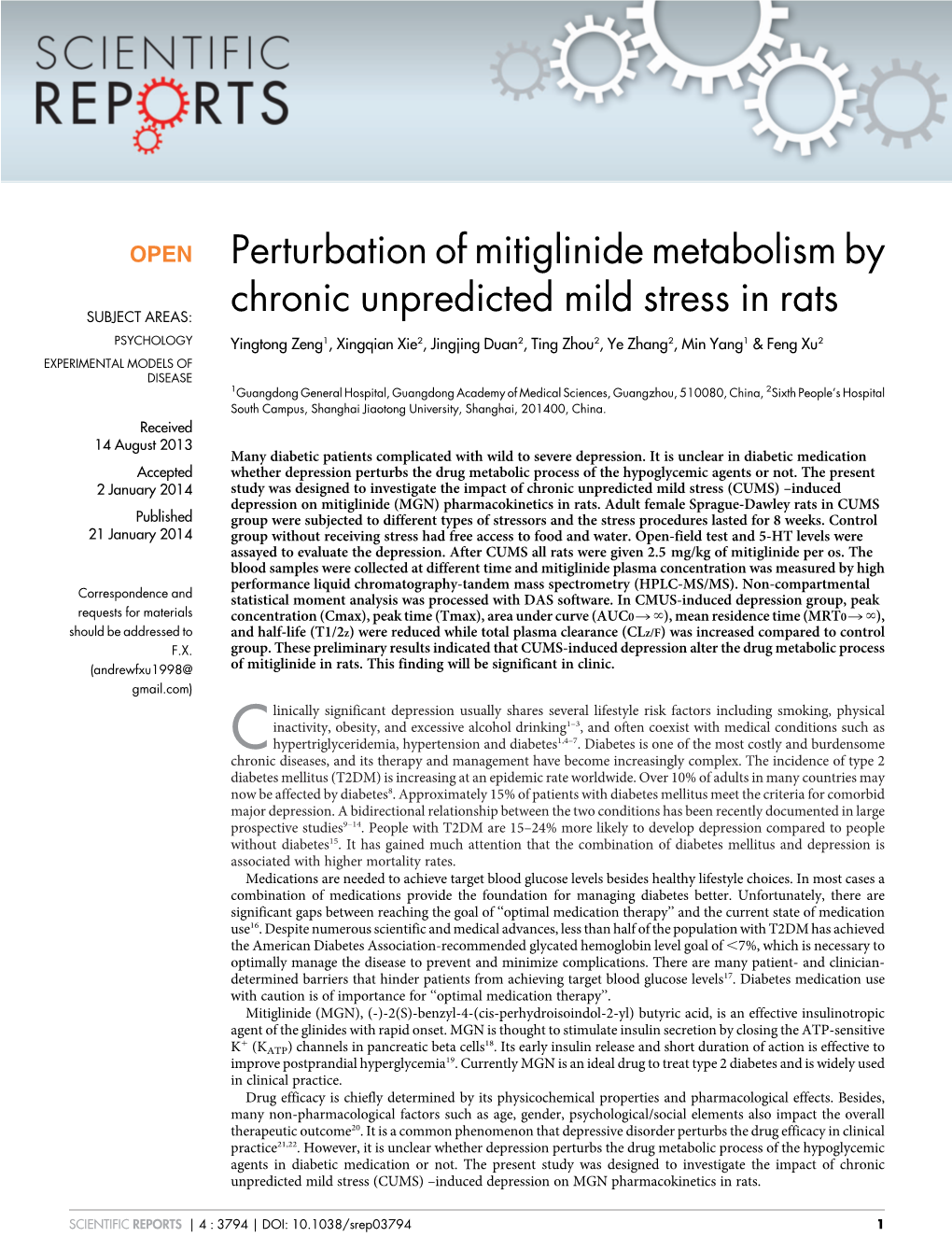 Perturbation of Mitiglinide Metabolism by Chronic Unpredicted Mild Stress