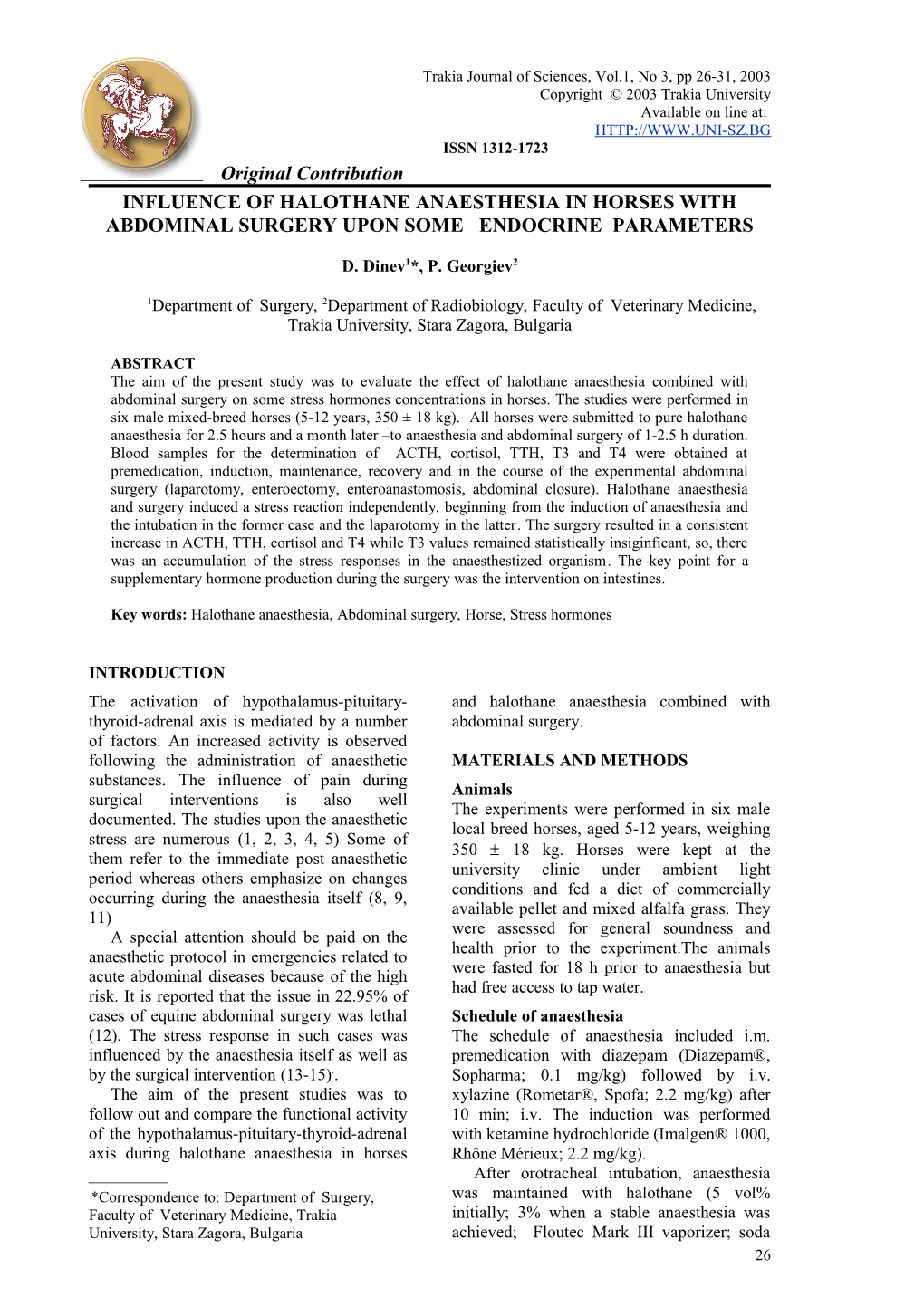 Influence of Halothane Anaesthesia in Horses with Abdominal Surgery Upon Some Endocrine