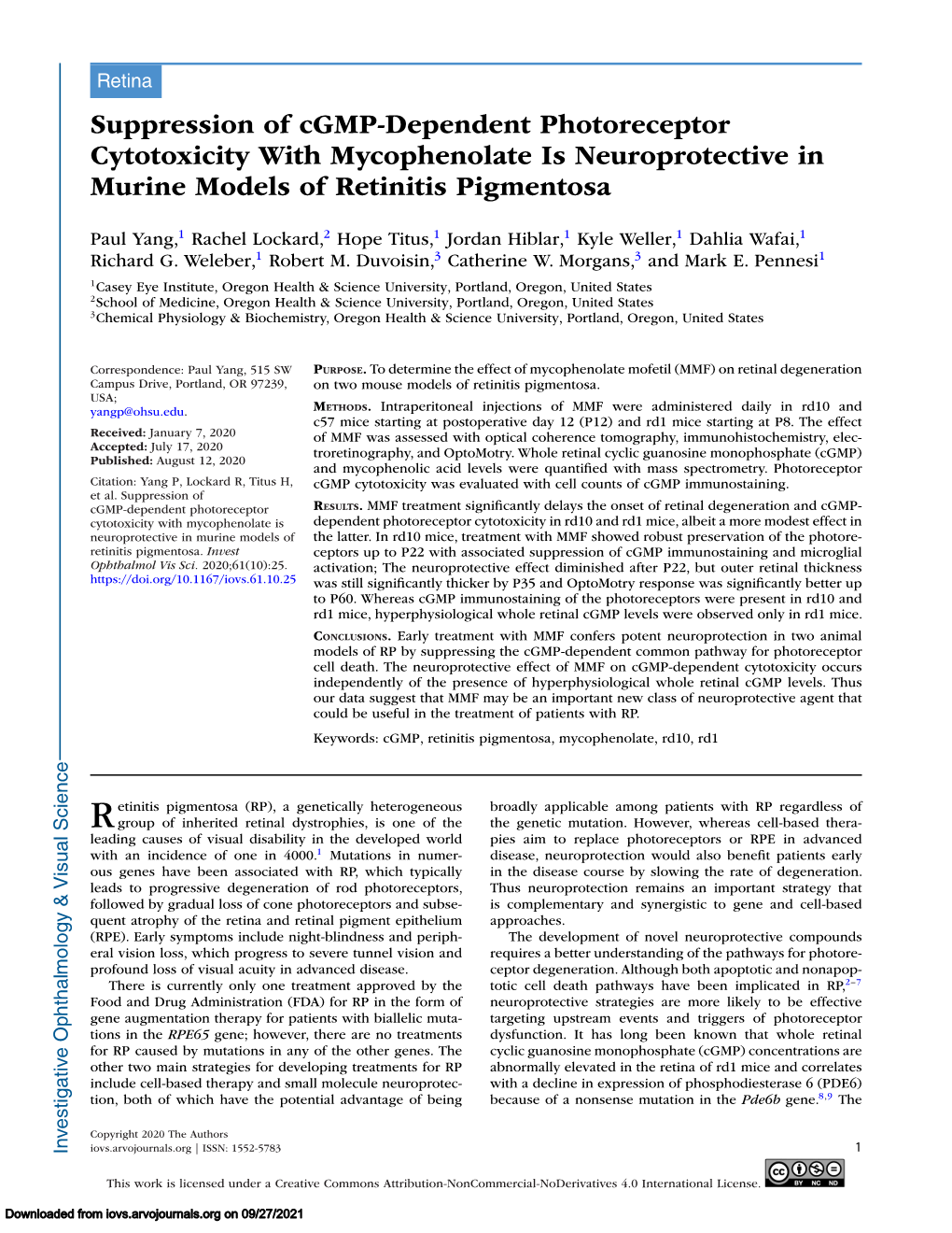 Suppression of Cgmp-Dependent Photoreceptor Cytotoxicity with Mycophenolate Is Neuroprotective in Murine Models of Retinitis Pigmentosa