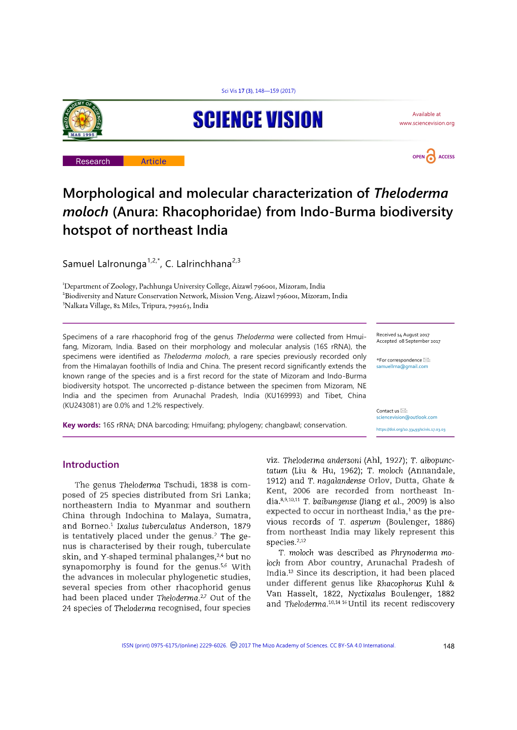 Morphological and Molecular Characterization of Theloderma Moloch (Anura: Rhacophoridae) from Indo-Burma Biodiversity Hotspot of Northeast India