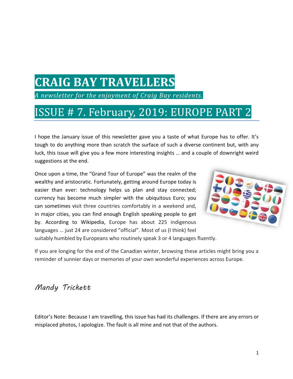 CRAIG BAY TRAVELLERS a Newsletter for the Enjoyment of Craig Bay Residents