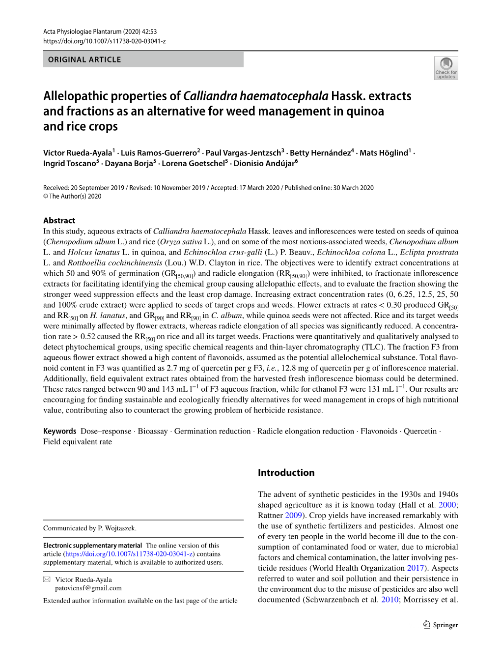 Allelopathic Properties of Calliandra Haematocephala Hassk. Extracts and Fractions As an Alternative for Weed Management in Quinoa and Rice Crops