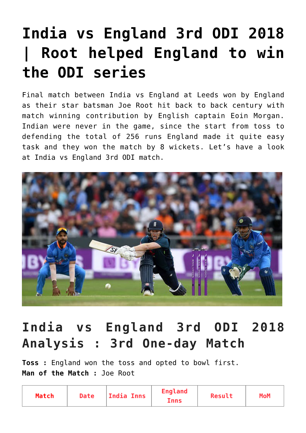 India Vs England 3Rd ODI 2018 | Root Helped England to Win the ODI Series