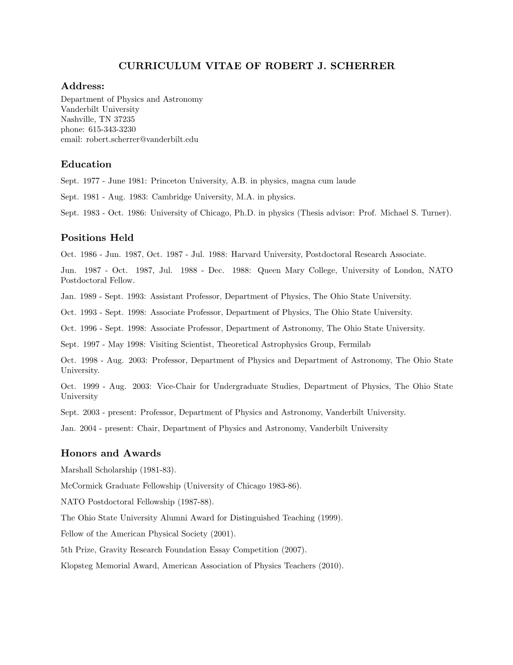 Curriculum Vitae of Robert J. Scherrer